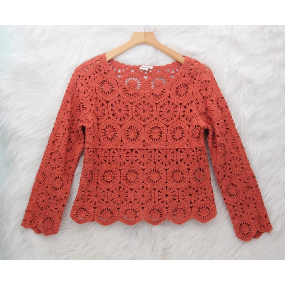 Ultra Pink Mixed Crochet Top Women's S Orange Cottagecore Boho Retro 70s Cotton